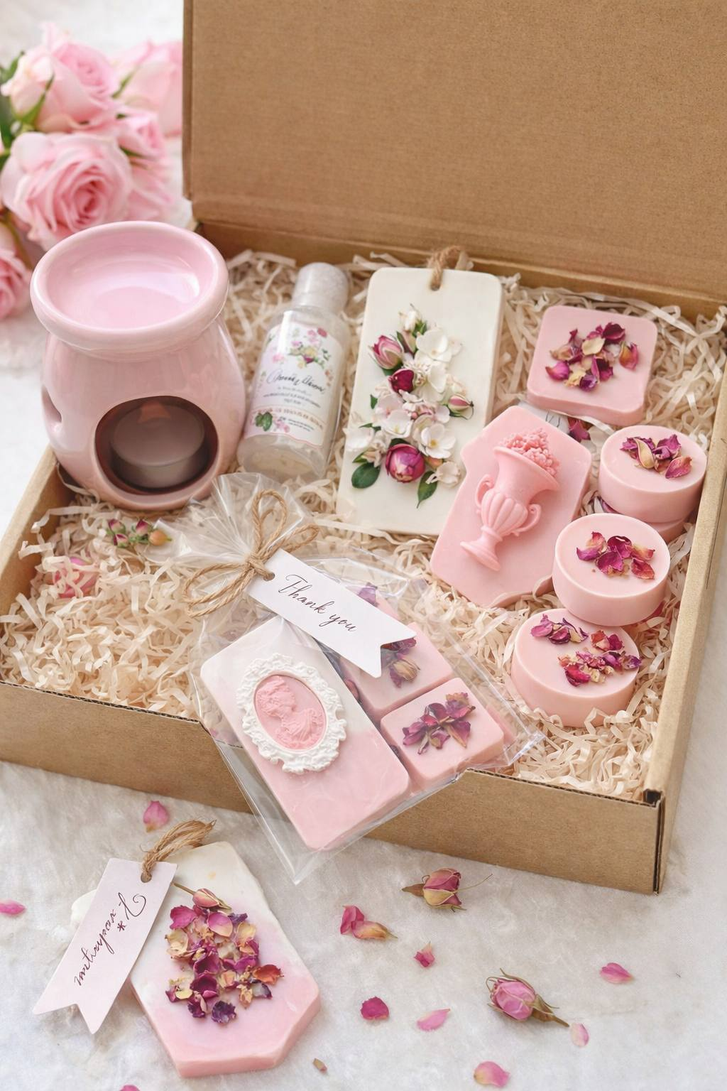Conjunto de productos artesanales en una caja de regalo